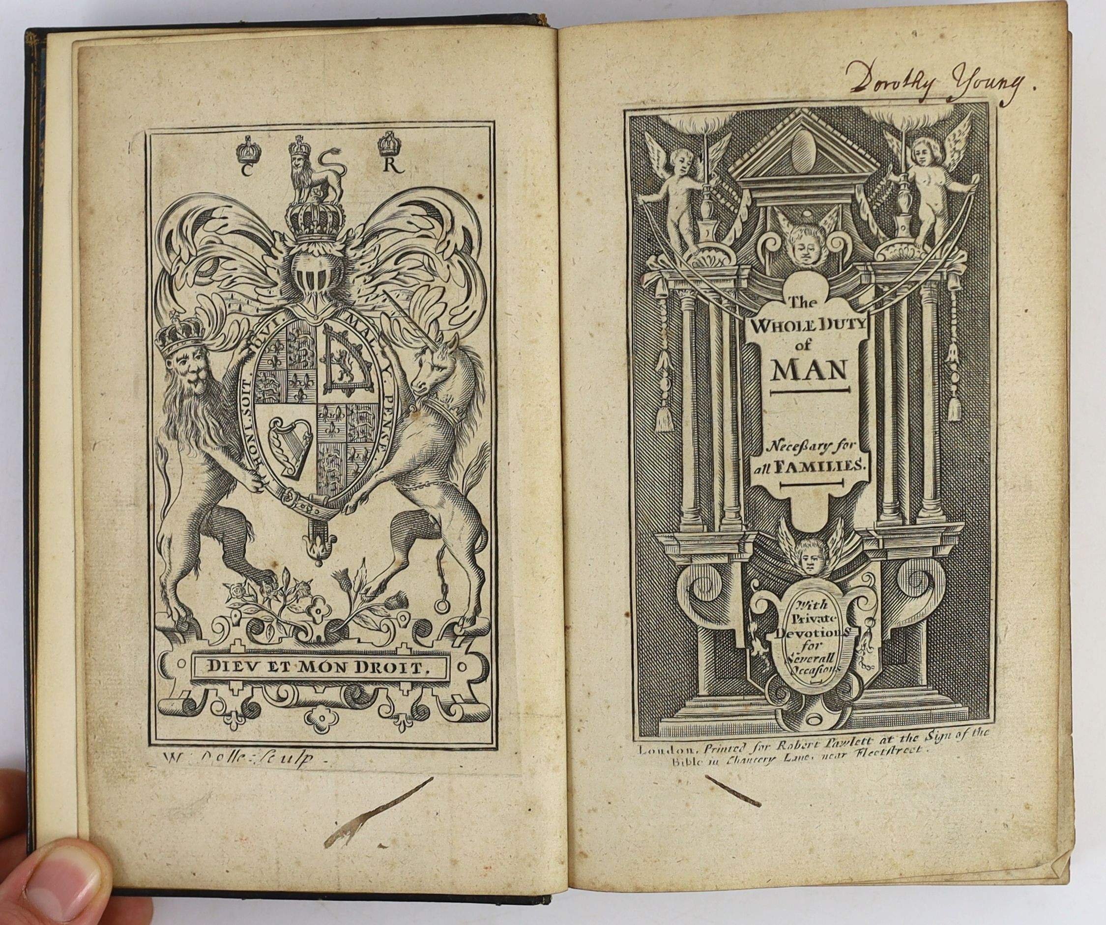 Allstree, Richard - The Whole Duty of Man, 8vo, rebound straight grained black morocco gilt, with engraved Royal Armorials frontis and title, adverts at end, R. Norton for Robert Pawlet, London, 1675 and West, Michael -